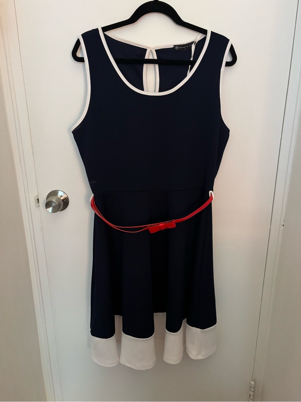 Fashion to Figure Navy Dress with White Trim and Red Belt